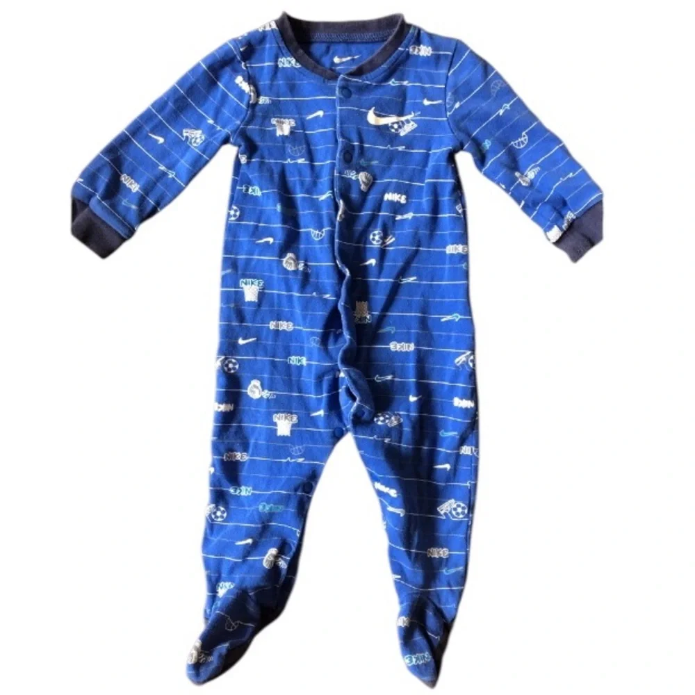 4/$20 Nike Blue & White long sleeve sleeper Jammie one piece snap front Sz 9 mo